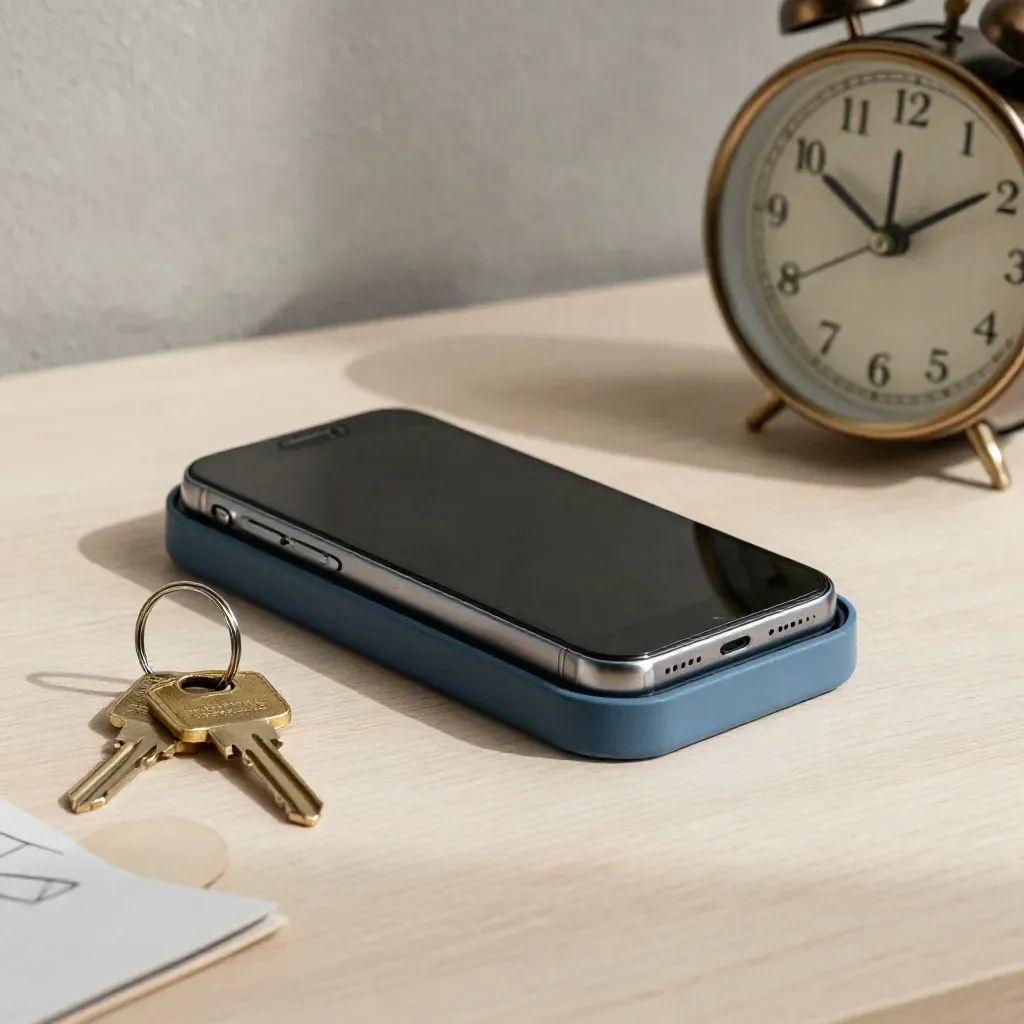 Smartphone dock, house keys and small clock on pale wood, lit by soft morning light.