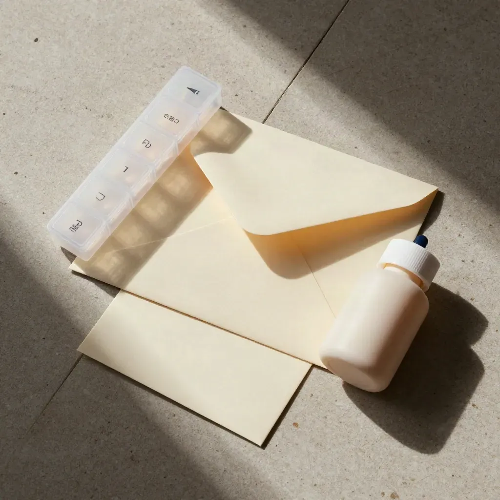 Envelope, pill organizer, and turned-away refill bottle on stone in soft daylight.