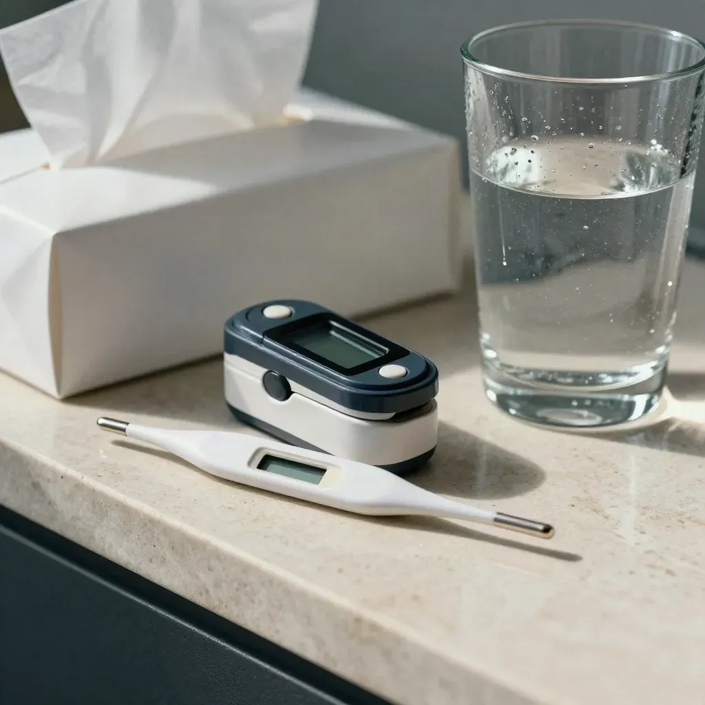 Thermometer, pulse oximeter, tissues and water on a stone shelf with cool condensation