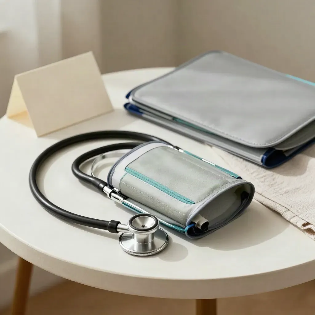 Stethoscope, blood pressure cuff, and folder on a plaster side table in soft daylight.
