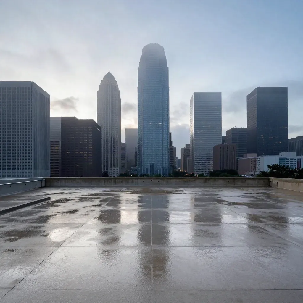 Houston skyline above a rain-wet concrete forecourt at blue hour, calm copy space below