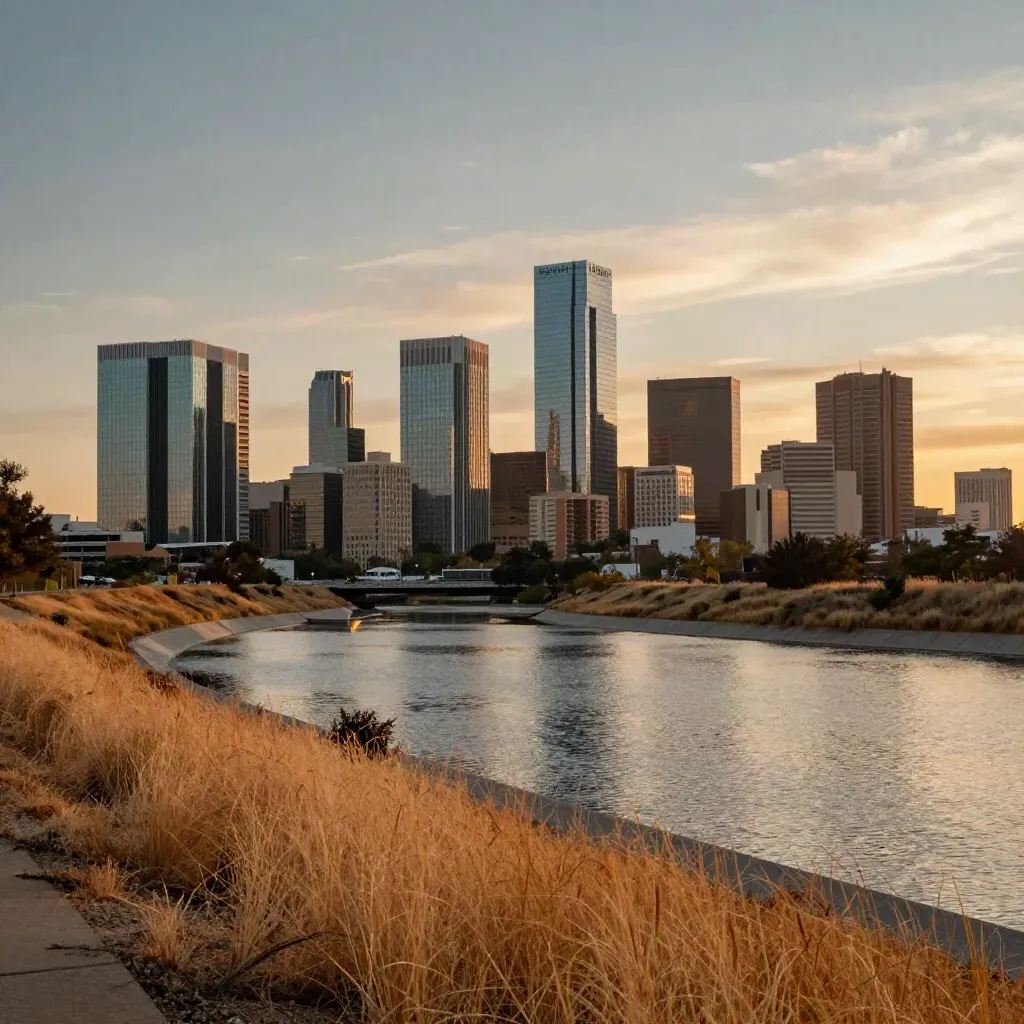 West Houston skyline above a sunset retention basin with warm haze and prairie grass