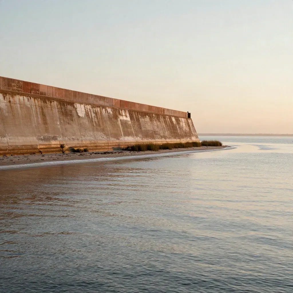 Dusk view of a South Houston seawall above calm bay water, with salt haze and warm reflections.
