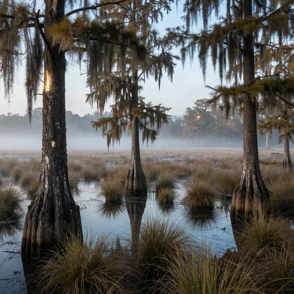 Foggy North Houston cypress wetland at dawn with distant freeway glints