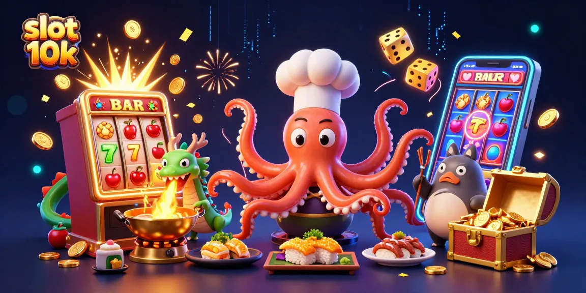 Experience the excitement of slot 10k with a vibrant scene of a playful octopus chef and slot machine bursting with jackpots.