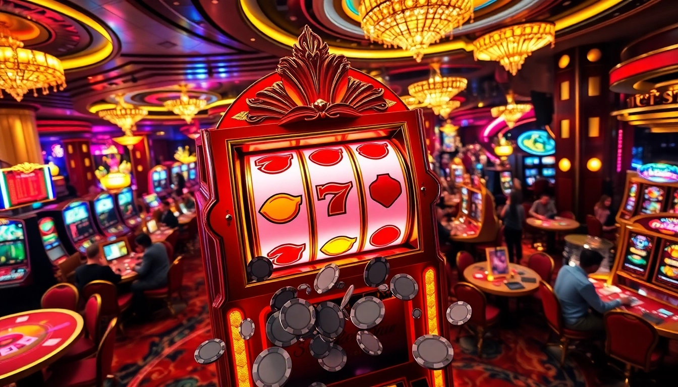Exciting slot scatter hitam feature displayed on a luxury casino slot machine surrounded by vibrant gaming atmosphere.