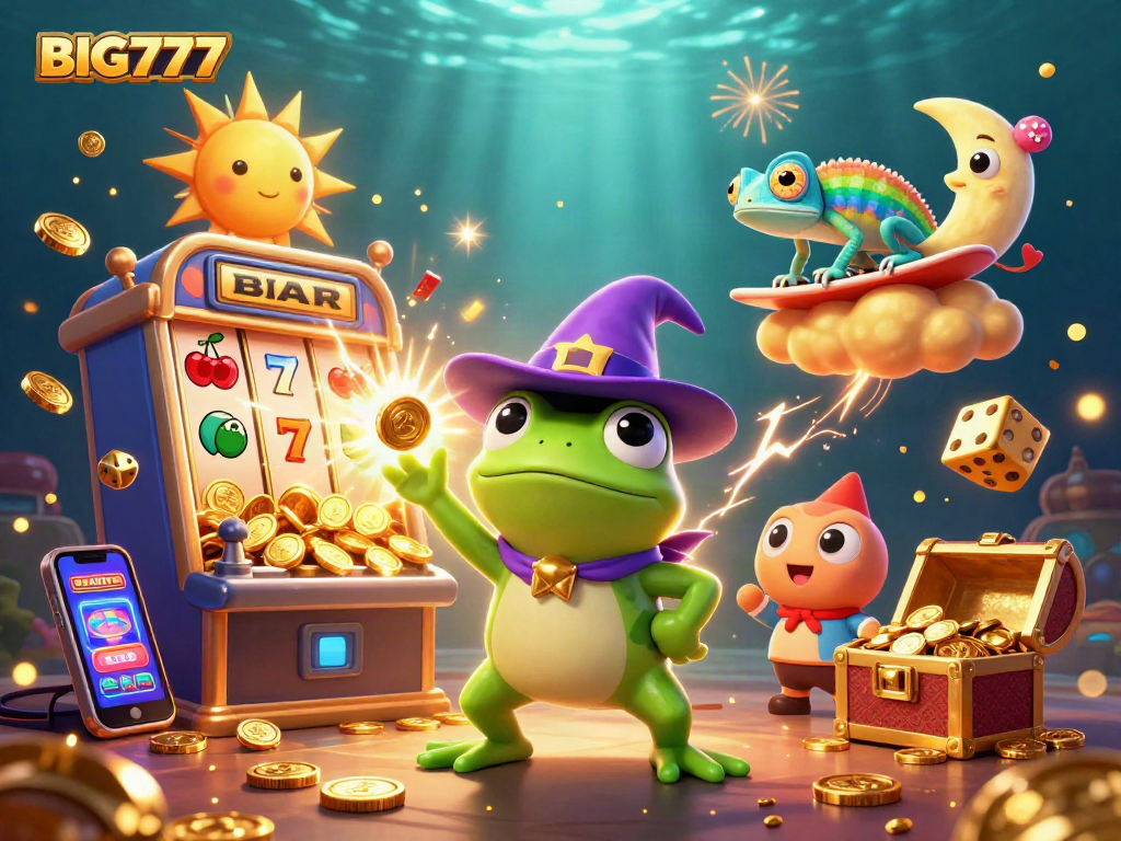 Experience BIG777 excitement as a wizard frog conjures coins amidst gaming chaos!
