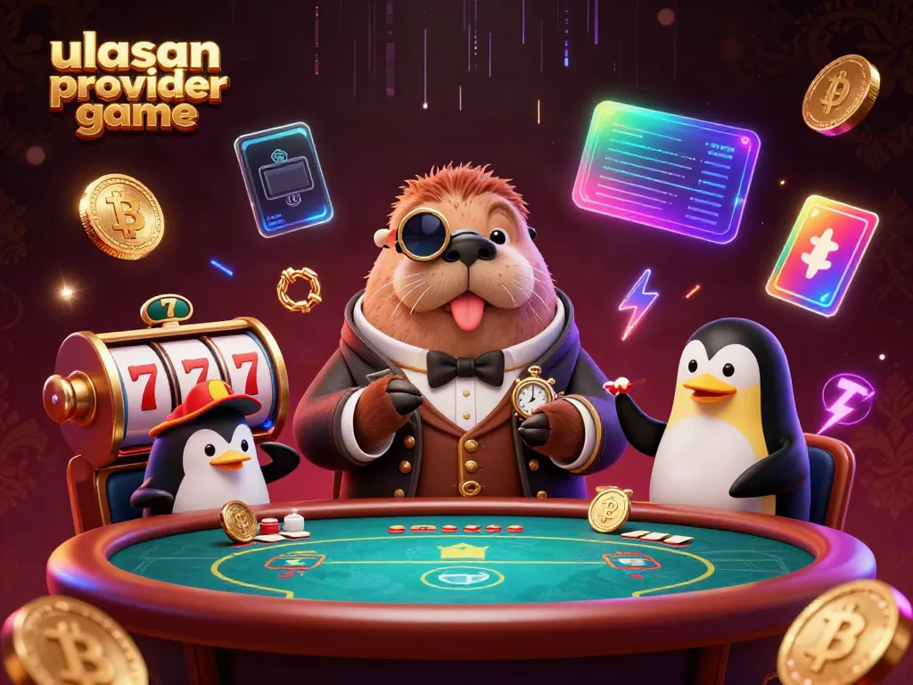 Mengulas penyedia permainan dalam lingkungan kasino virtual yang kaya warna dan detail, menggambarkan karakter hewan yang berinteraksi di meja poker.