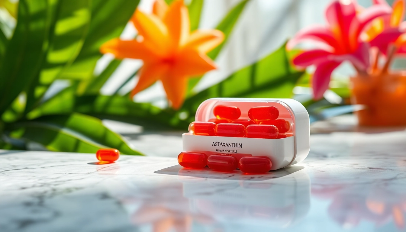 Showcase of astaxanthin softgels in a natural setting with vibrant colors and a healthful backdrop.