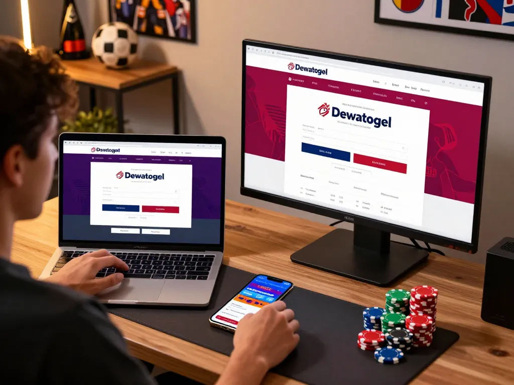 Experience Dewatogel login action with a player engaged in online betting, colorful poker chips visible.