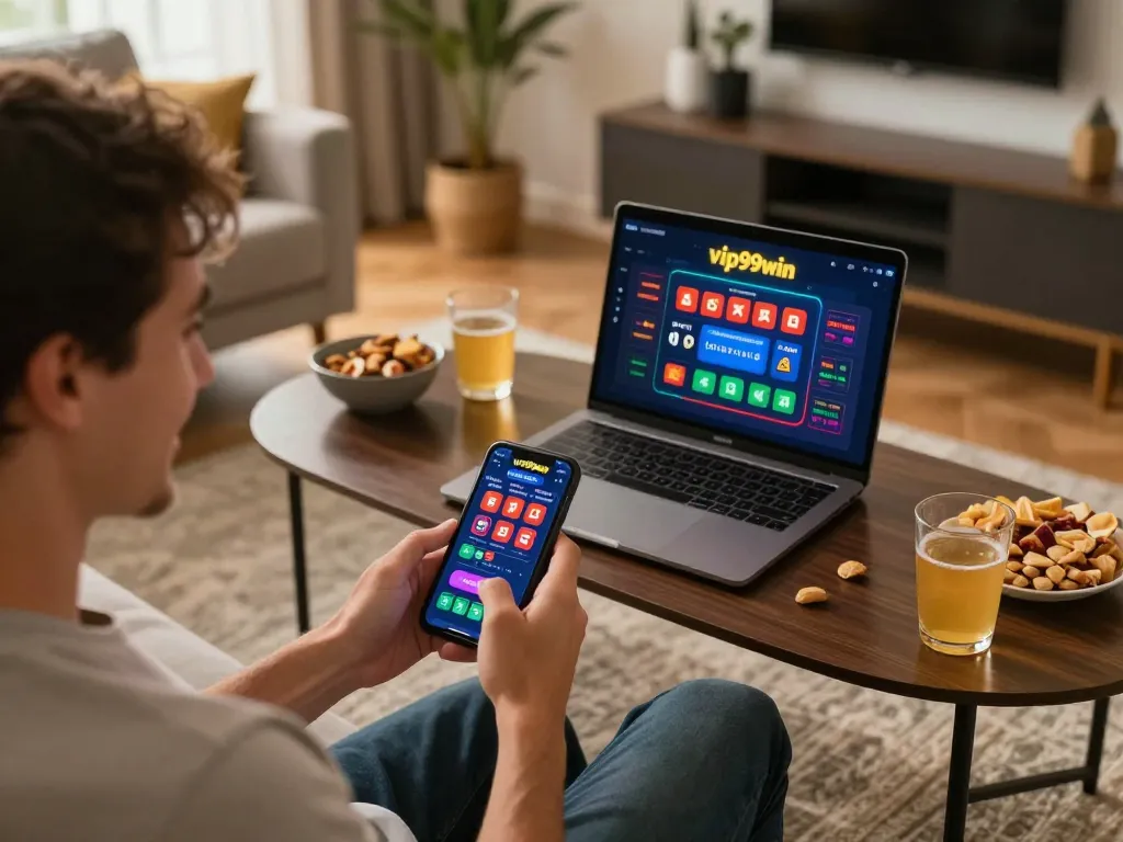 Player using vip99win app for online gambling in a cozy living room with strategic elements