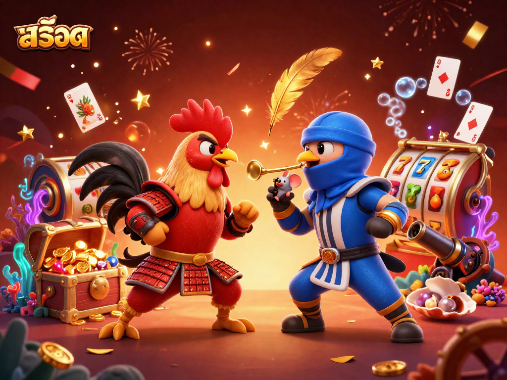 Engage in the thrilling world of slots as twin roosters face off with dynamic casino elements.