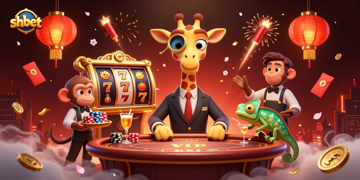 Experience shbet with a high-roller giraffe at a luxurious casino table surrounded by festive elements.