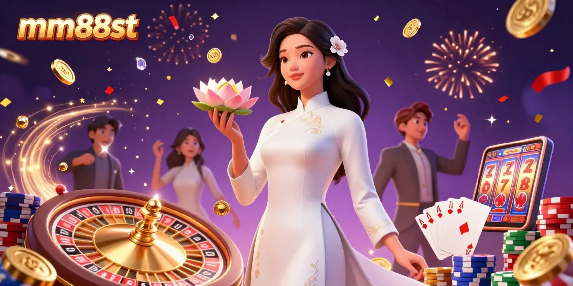 Engage with mm88st through dynamic gaming visuals, featuring a graceful Asian woman amidst gold coins and exciting game elements.