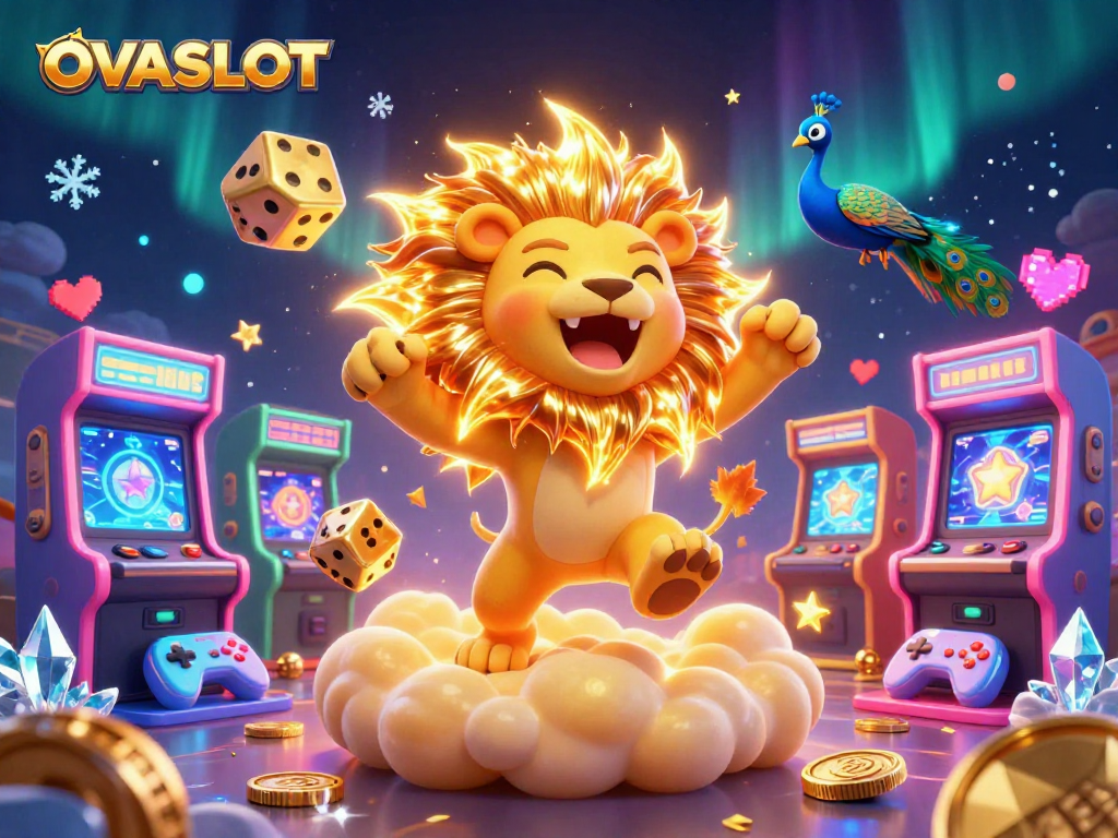 Experience exciting gaming action with OVASLOT, featuring vibrant 3D characters and casino-themed elements.