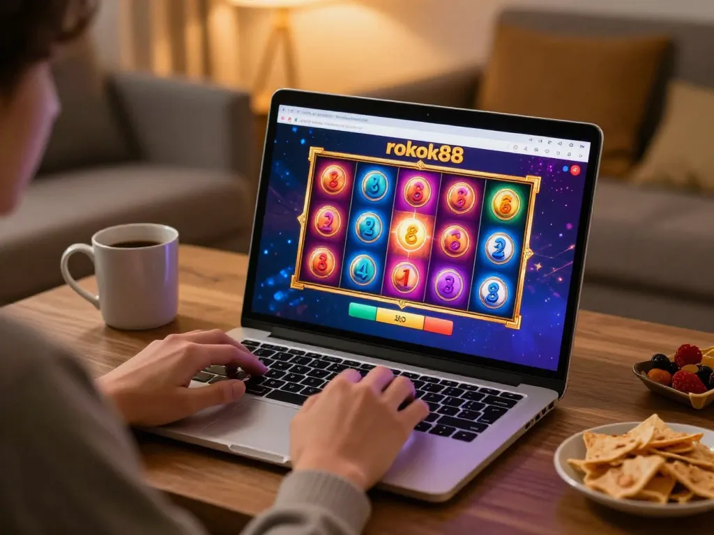 Engaging experience on rokok88 platform with lively slot game interface on laptop in cozy setting.