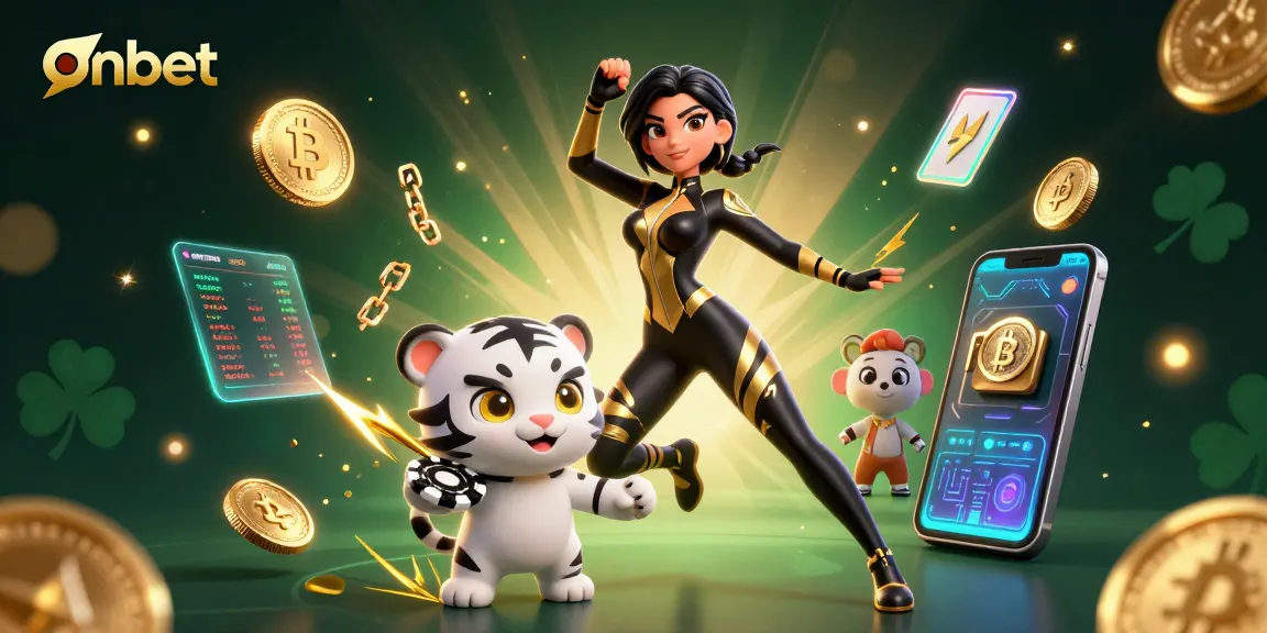 Engage with onbet's thrilling adventure featuring a 3D woman in a casino setting with a playful white tiger.