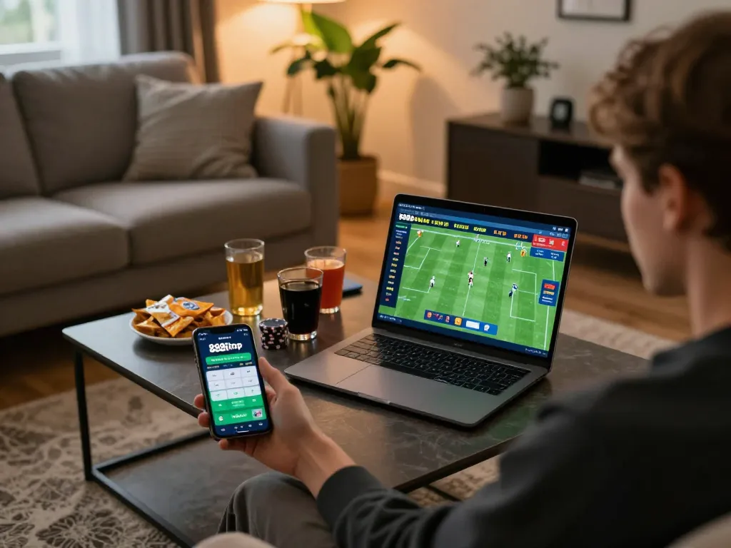 Engaged user analyzing odds on 888top betting app in a cozy home setting