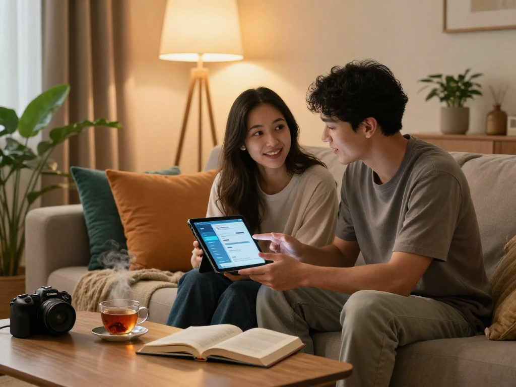 Enjoying sex AI chat in a cozy living room, a couple connects intimately using a tablet with relationship advice and a warm ambiance.
