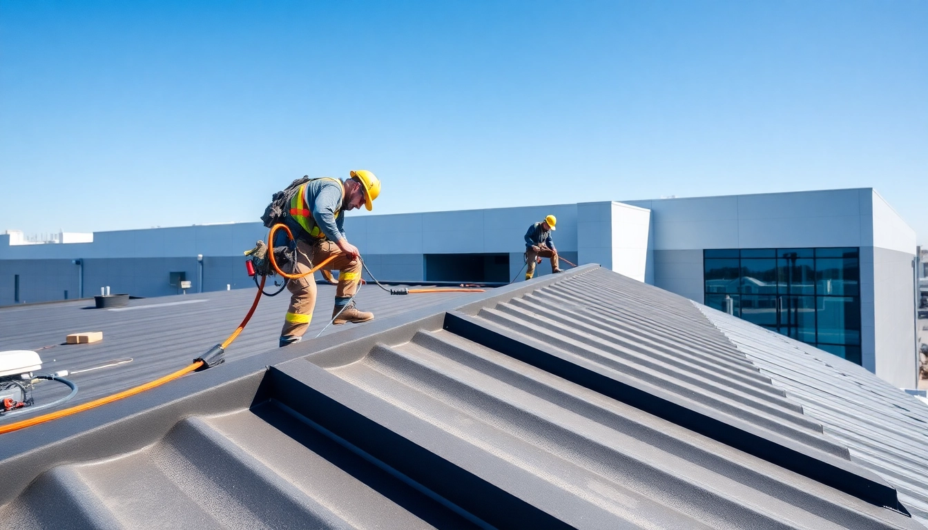 Highlight skilled workers providing commercial roofing services on an industrial building, showcasing expertise.