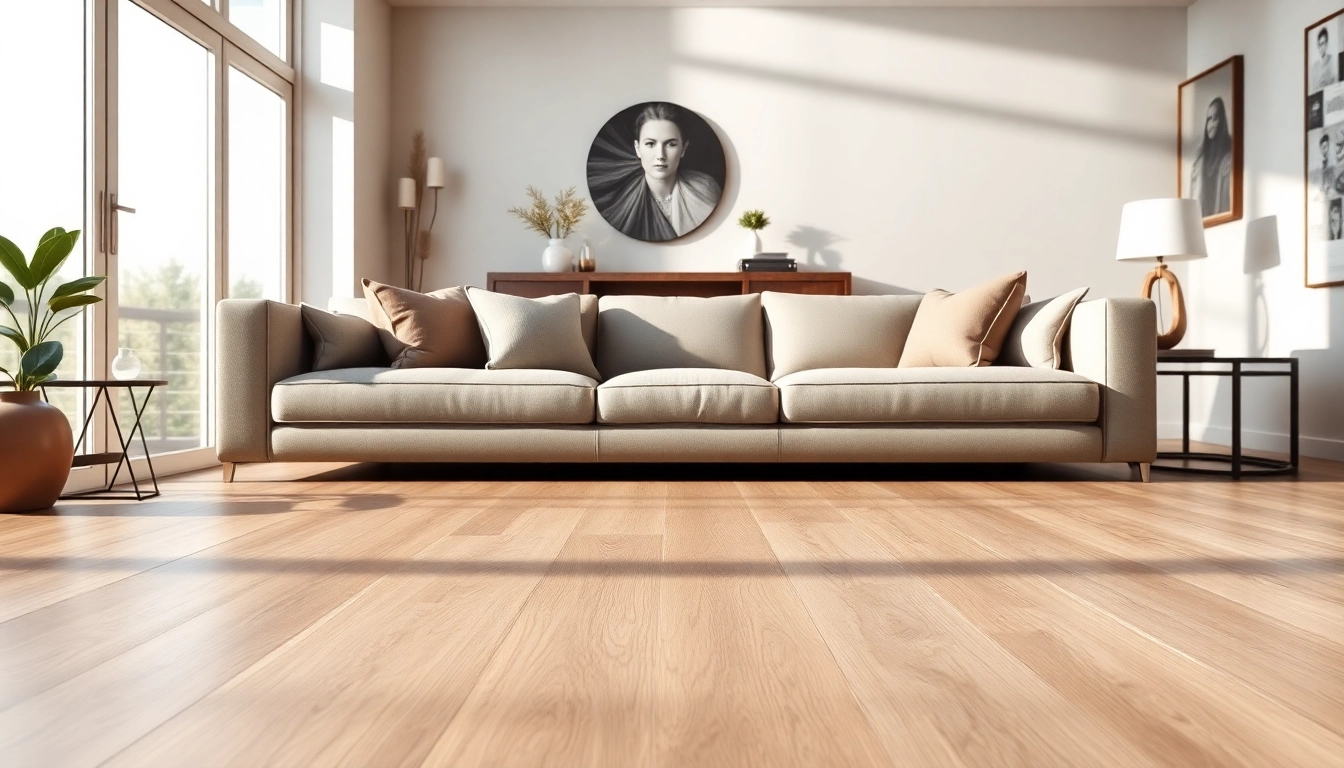 Explore luxury vinyl flooring in a stylish modern living room with natural light and warm tones.