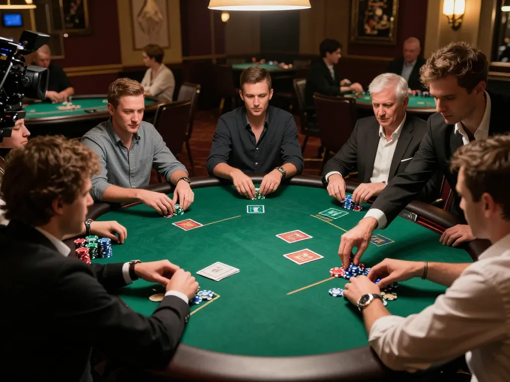 Players engage in strategic gameplay at 388bet's upscale poker table, showcasing community cards and chips.