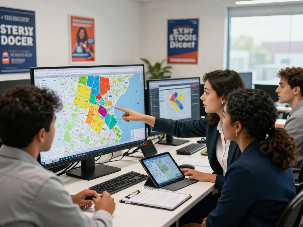 Political campaign team strategizing effective every door direct mail political outreach in a bright office setting.