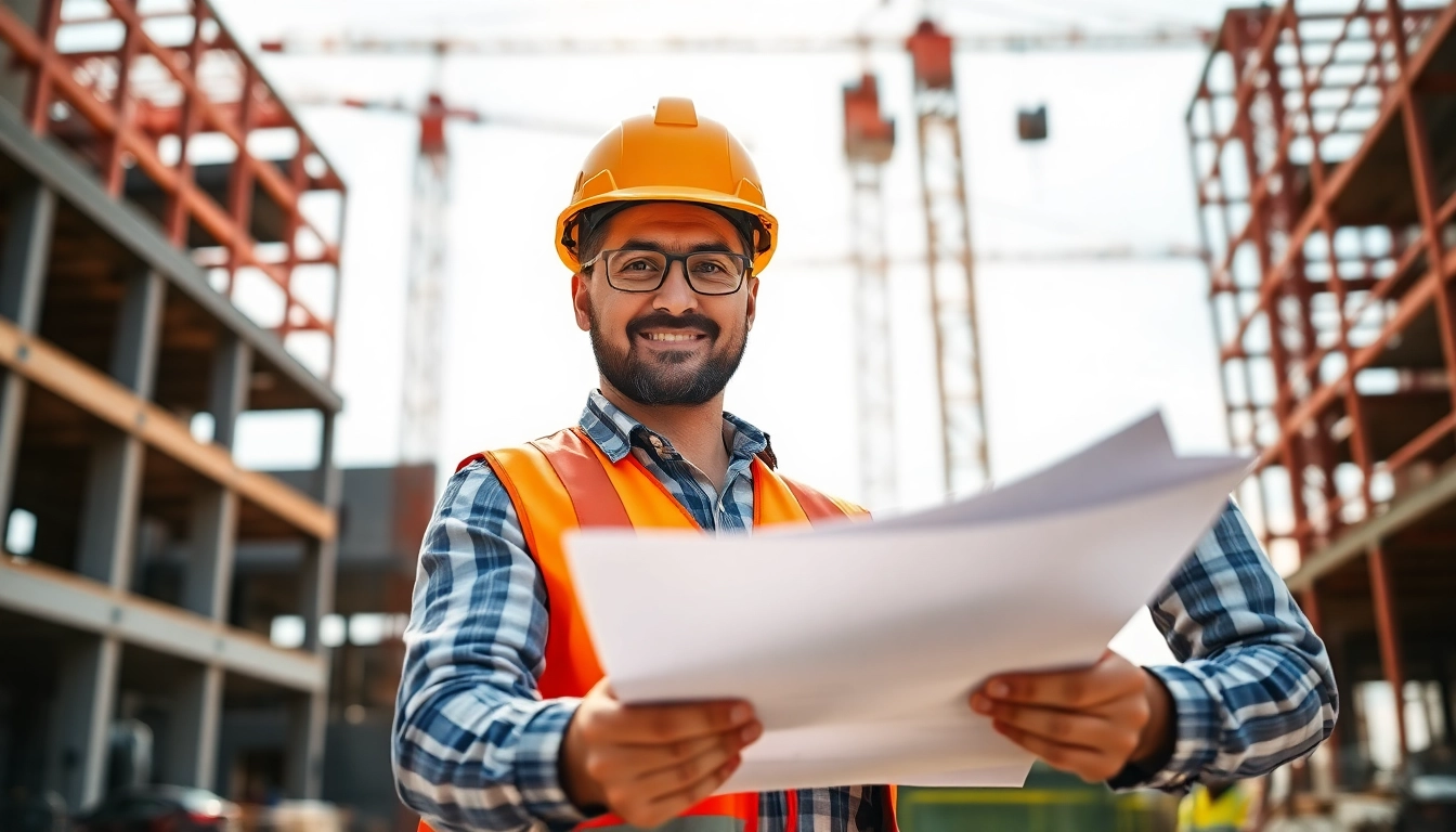 New York Commercial General Contractor supervising construction with blueprints on site.