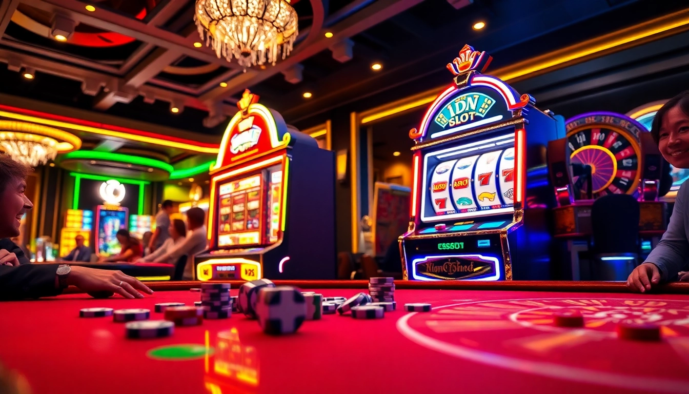 Excited players enjoying the IDN Slot experience at a vibrant casino.