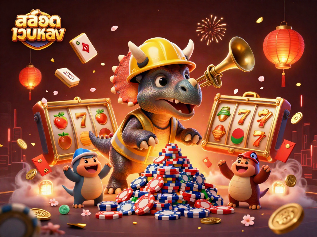 Experience thrilling slot action with สล็อตเว็บตรง as a triceratops builds a poker chip pyramid.