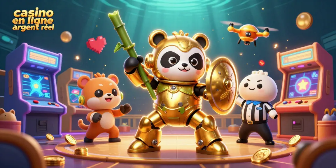 Jouez sur un casino en ligne argent réel avec des machines colorées et un panda robot animé.