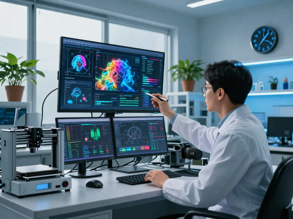 Detect AI image analysis in high-tech lab with specialist monitoring AI-generated media for moderation accuracy.