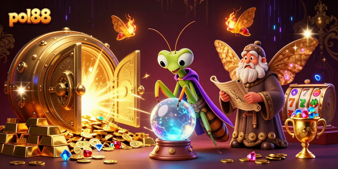 Permainan slot pol88 yang dramatis dengan karakter menarik, harta karun, dan efek cahaya yang menakjubkan.
