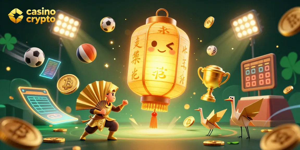 In un casinò crypto, il gigante lanterna d'oro luminoso fluttua tra simboli fortunati e monete digitali.