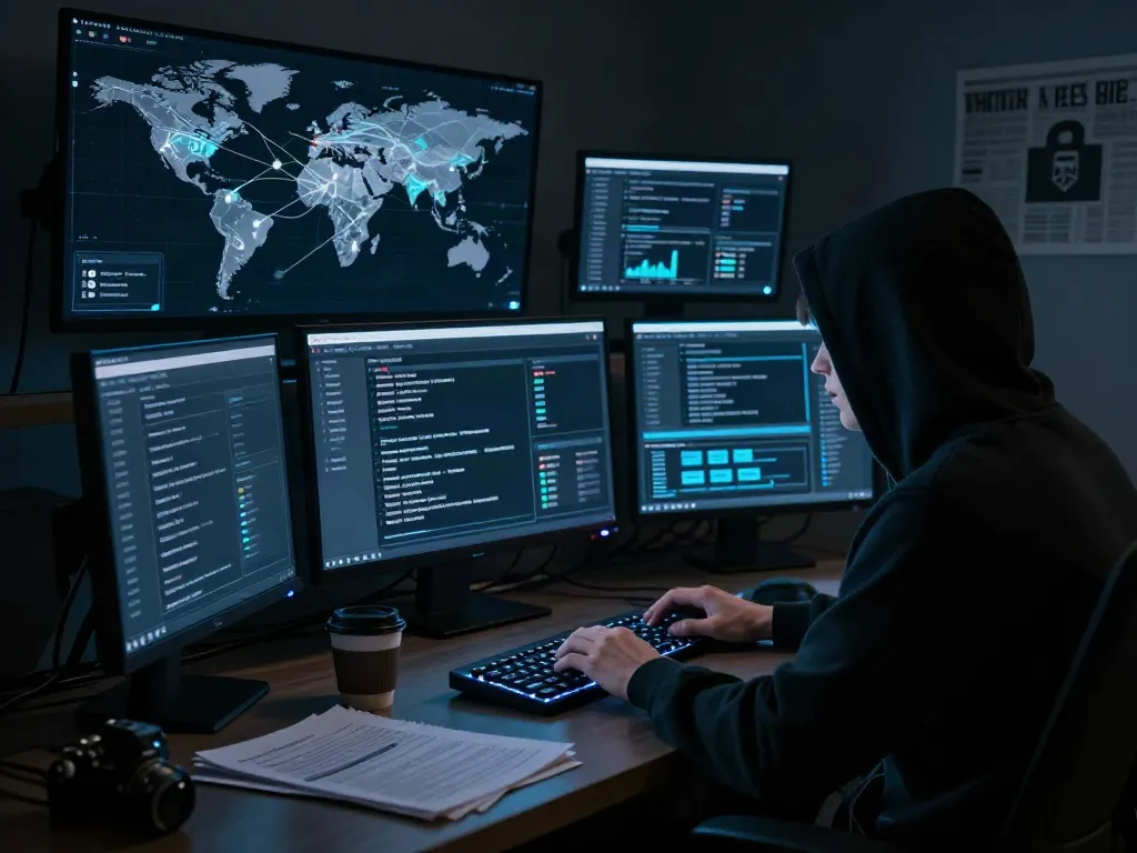 The hidden wiki interface displayed on multiple screens in a dark web exploration scene with a researcher surrounded by digital security tools, conveying curiosity and caution.