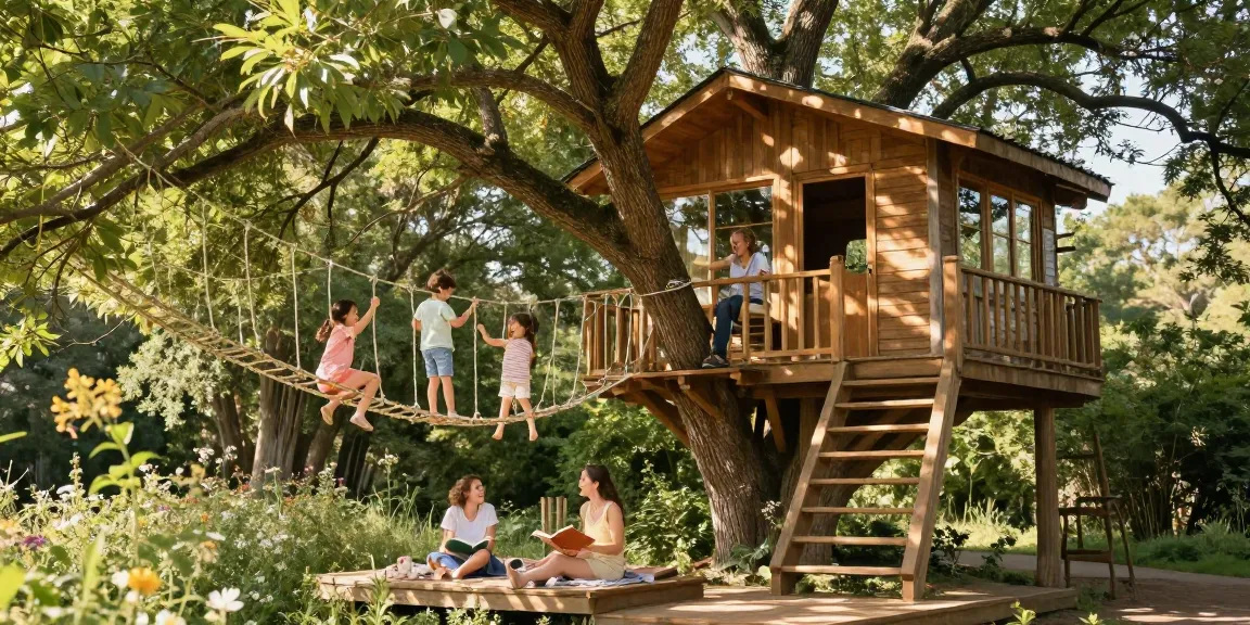 Family enjoying tree house life, playing on rope bridge and relaxing in nature.