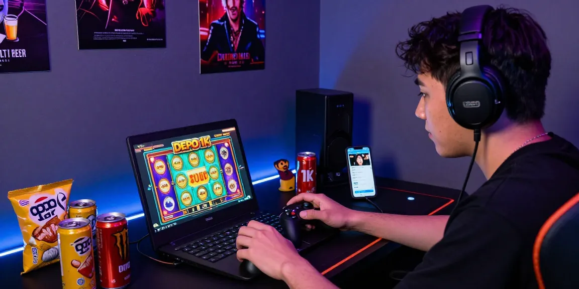 Exciting gaming experience with slot depo 1k displayed on a laptop screen, vibrant atmosphere.