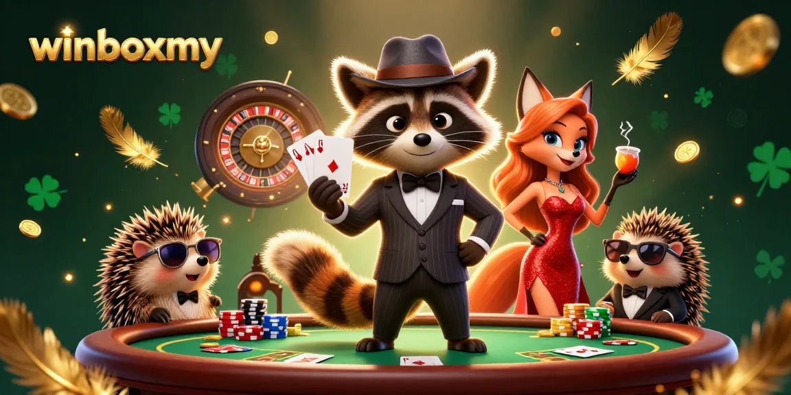 Experience thrilling wins at winboxmy with a stylish raccoon showing a royal flush at a poker table.