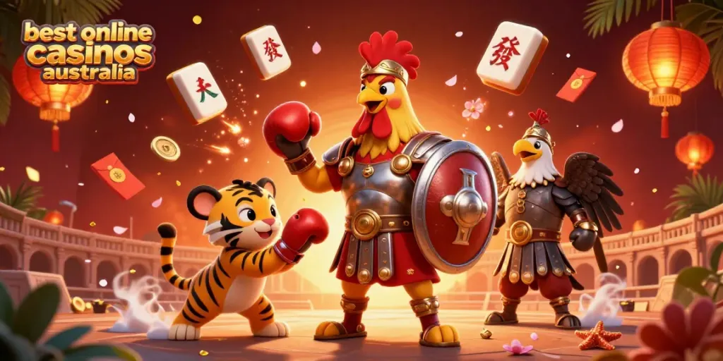 Experience the excitement of the best online casinos Australia through an action-packed illustration featuring a gladiator rooster and more.