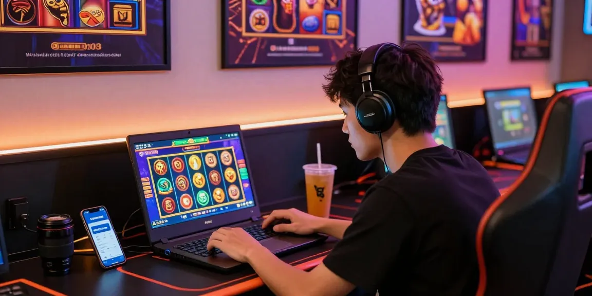Player immersed in Garuda303 login process on a colorful slot game interface, with modern gaming setup.