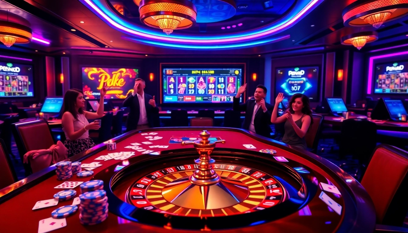 Engage with pen4d slots at a luxurious casino table filled with cheering players and vibrant casino elements.