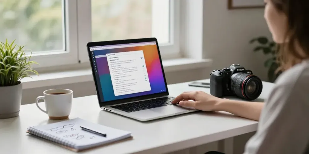 Using an AI blog post generator in Dutch, a writer creates content in a bright home office.