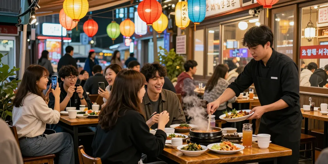 Friends enjoying traditional Korean nightlife at 상봉동 한국관나이트, vibrant atmosphere with colorful lanterns.
