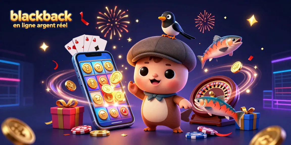 Découvrez le blackjack en ligne argent réel dans une illustration dynamique avec des personnages amusants et des éléments de casino captivants.