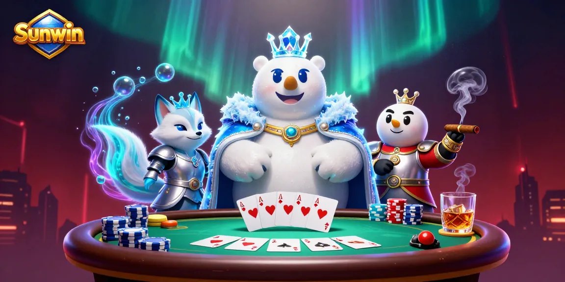 Experience thrilling poker action at Sunwin with an ice king polar bear and snow fox in a dynamic casino scene.
