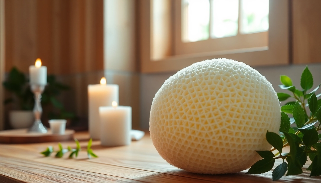 Using a raw loofah sponge to gently exfoliate skin in a tranquil bathroom setting.