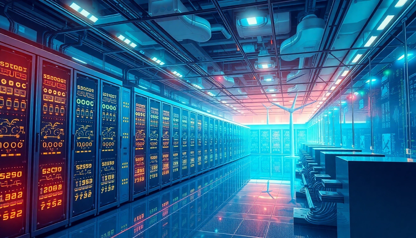 High-tech crypto cloud mining facility leveraging renewable energy for sustainable operations.