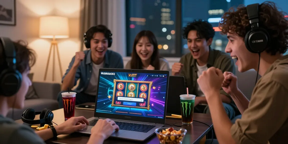 Excited friends cheering during garuda303 login on a cozy gaming setup.
