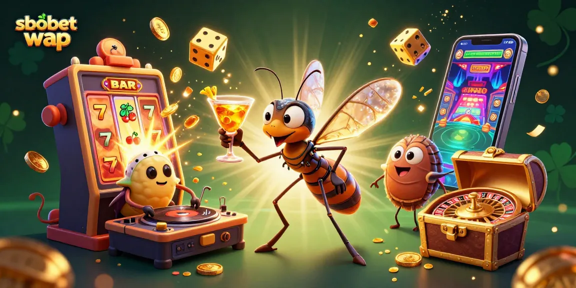 Experience sbobet wap with a vibrant illustration featuring casino elements and a lively atmosphere.