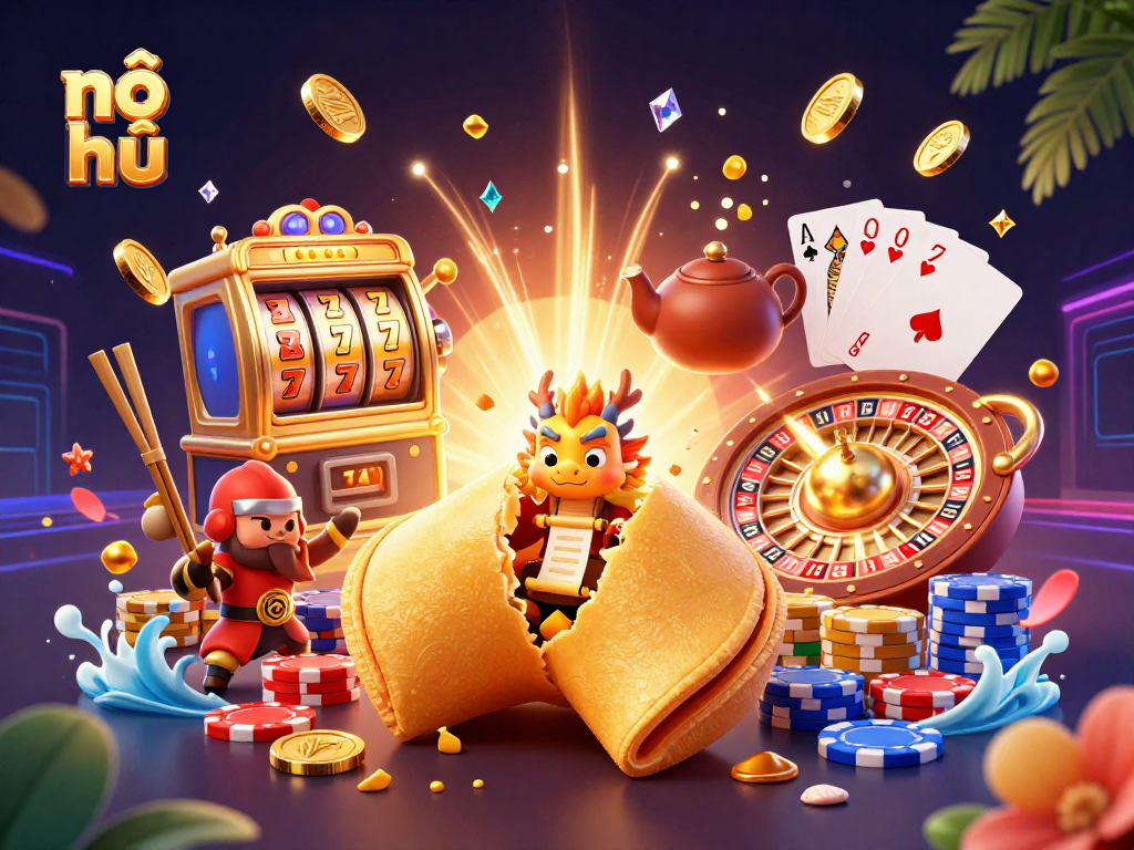 Experience vibrant nổ hũ gameplay with golden fortune cookie, dragon, and casino elements in a rich 3D scene.
